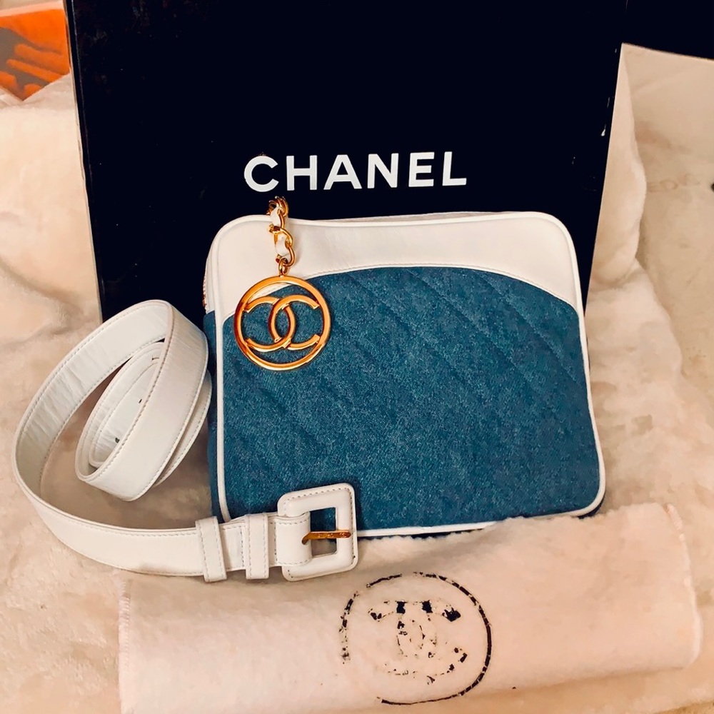 CHANEL Lambskin and Denim Belt Waist Bumbag w/ Box
